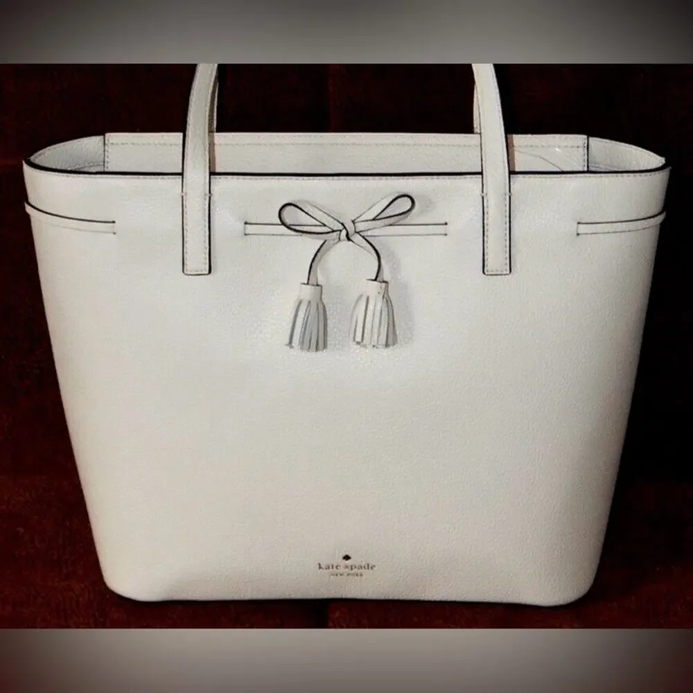 Kate Spade Hayes Ivory Pebbled Leather Double Handles Zip Tote Bag - NWT $379 - Picture 2 of 16
